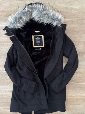 Hollister Black Utility Jacket with Faux Fur Hood Trim